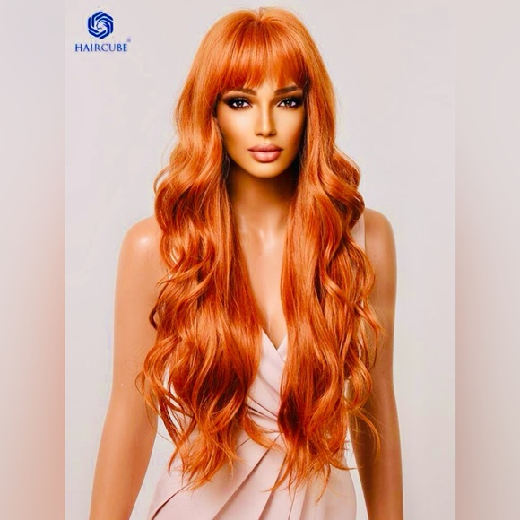 Long Ginger/Orange 26” heat resistant Wavy Curly Wig with Bangs Synthetic/Human - Picture 1 of 5